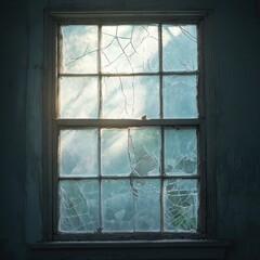 Sunlit, cracked window in an old, weathered frame.  Light streams through the broken glass panes.