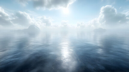 Fototapeta premium Ocean Horizon Landscape with Clouds and Distant Islands 3D Illustration