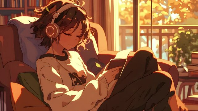 Anime girl listening to lofi music relaxed in a cozy environment with headphones.. Animation loop