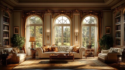 Luxury Classic Living Room with Garden View. Concept of elegance, comfort, and timeless design.