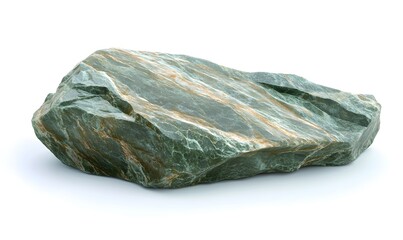 Green, rough stone with brown veins on white.