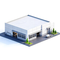 Office and Storage Warehouse Building on white. 3D illustration