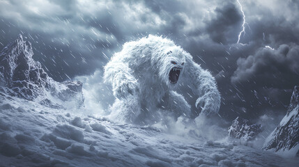 A very scary yeti monster is on a snowy mountain
