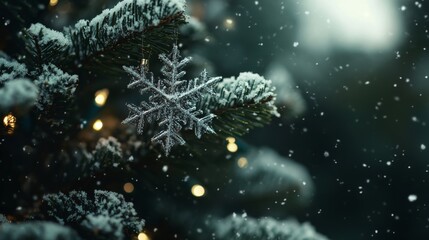 Closeup of a beautifully decorated christmas tree with glowing lights and delicate snowflakes, creating a festive and magical holiday atmosphere for christmas and new year celebrations.

