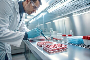 Scientist handling a 6-well plate in cell culture experiment