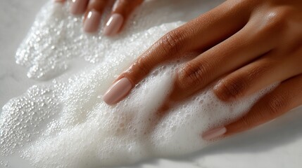 A close-up of hands in soapy water, highlighting cleanliness and grooming.