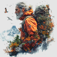 Fototapeta premium Man with Backpack Embracing Adventurous Spirit Under Open Sky with Bird Flying High A Symbol of Freedom and Exploration in Nature's Beautiful Landscape