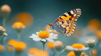 Colorful butterfly perched on a white daisy in a field of yellow and white flowers.