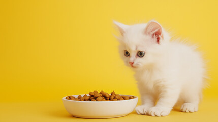 White kitten standing next to a bowl of dry cat food isolated on yellow background