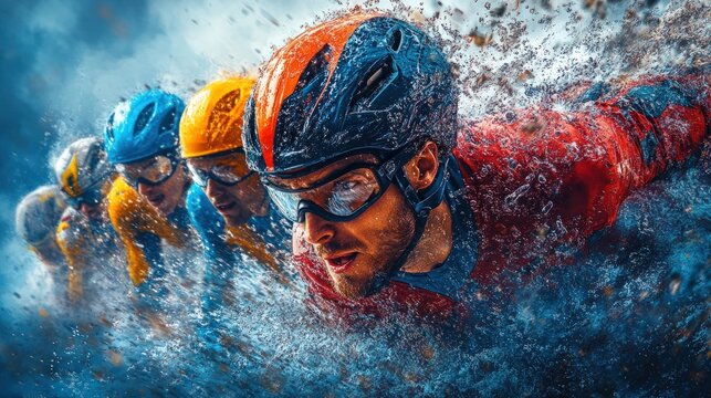 Here's a 10-word description of the image: Water-spraying athletes fiercely