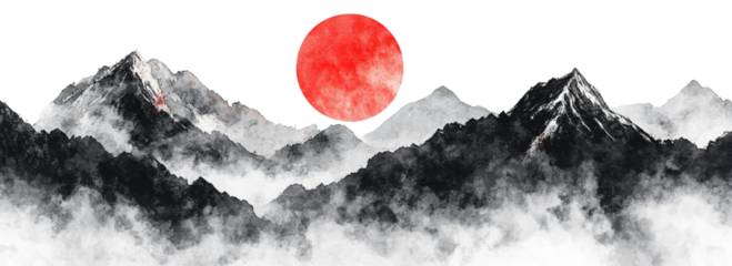 Mountain in ink painting style with red sun on white background
