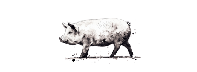 Watercolor painted black and white pig isolated on white background.