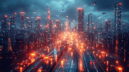 Obraz premium Futuristic city at night, flying cars, neon lights.
