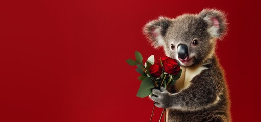 Obraz premium Endearing Koala Holding a Bouquet of Roses Against a Vibrant Red Background, valentine day concept