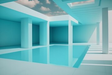 Modern minimalist architecture with a turquoise pool, featuring clean lines, columns, and a skylight.