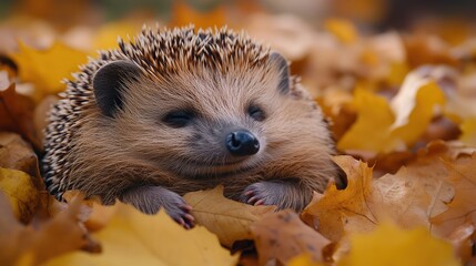 Fototapeta premium Cute hedgehog nestled in autumn leaves.