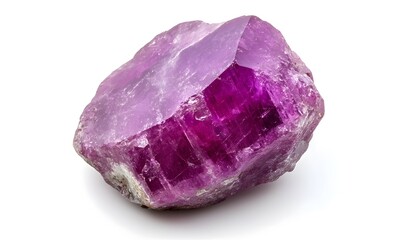 Raw, vibrant pink crystal rock with textures on a white backdrop.