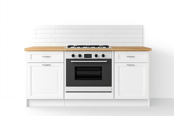 Fototapeta premium Modern white kitchen stove and oven with wood countertop against white tile backsplash.