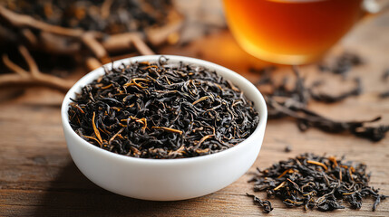 Tea cups filled with black tea leaves on the table, tea ceremony concept