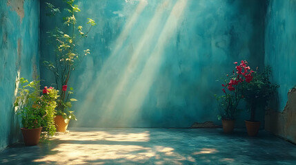 Teal Wall Background with Plants and Sunlight