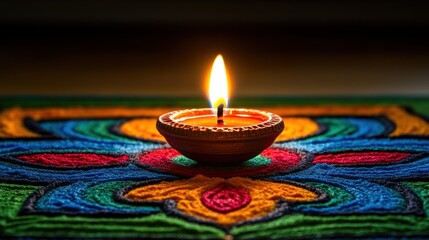 Lit diya oil lamp on colorful rangoli. (1)