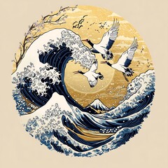 Traditional Japanese Wave Print Design with Birds and Mountain
