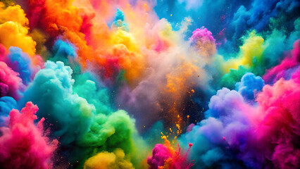 Abstract Holi background with vibrant multicolored powder clouds in bright pink, blue, yellow, and green