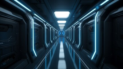 Fototapeta premium Futuristic spaceship corridor with glowing blue lights and metallic walls. (1)