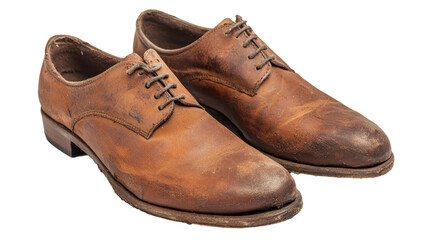 Pair of well-worn brown leather oxfords shoes showing signs of age and use