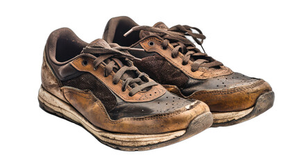 A pair of well-worn brown leather running shoes showing significant wear and tear