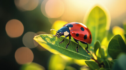 Naklejka premium A ladybug perched on a vibrant green leaf at sunset bathed in golden light