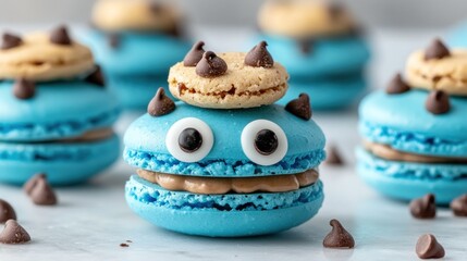Cute blue macarons with chocolate chip cookies and candy eyes.