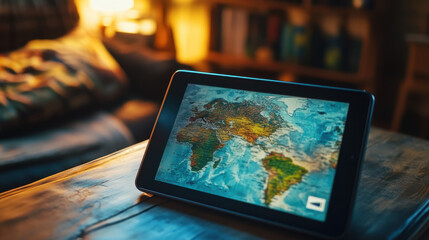 Planning a world trip using a tablet displaying a detailed world map