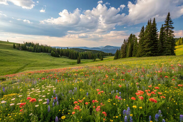 Fototapeta premium Bountiful Meadow: A Serene Landscape of Wildflowers and Greenery by Generative AI