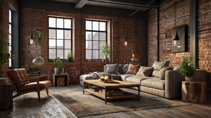 Rustic modern living room with exposed brick walls, reclaimed wood furniture, textured sofas, and industrial accents, ultra-detailed 3D render.