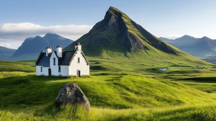 A charming white cottage nestled in lush green hills with a towering mountain in the background, showcasing the serene beauty of the Irish countryside