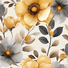 Floral Pattern Tile Tumbler Sublimation Botanical pattern with gold flower watercolor style, Tile Warm Tones, Pink & White Flowers Tile Background