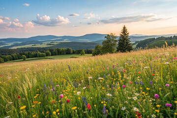 Fototapeta premium Bountiful Meadow: A Serene Landscape of Wildflowers and Greenery by Generative AI