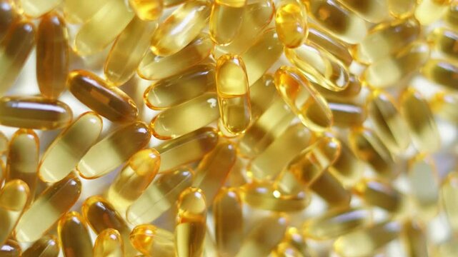 fish oil capsules, cod liver oil capsules, omega 3 capsules rotation background  vertical video footage. closeup