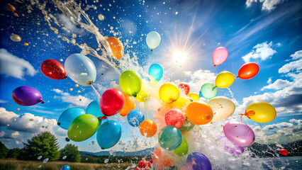 Colorful Water Balloons Mid-Air Splash, energetic and playful mood against bright sunny sky