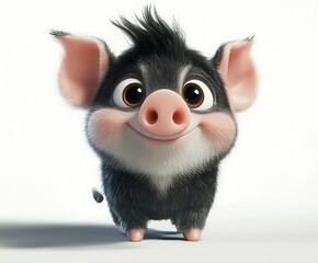 Fototapeta premium Adorable cartoon piglet with black fur, pink ears and snout, looking up with a happy expression against a white background.