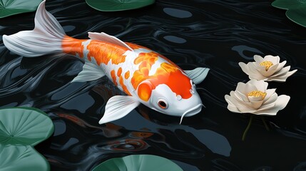 A vibrant cartoon-style sculpture of a koi fish, showcasing playful and whimsical design elements. The stylized fish features bright, bold colors and exaggerated details, 
