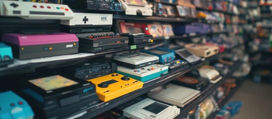 Rows of pre-loved video game consoles displayed in a thrift store, sleek arrangement, 