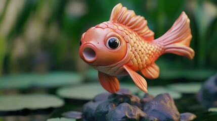 A vibrant cartoon-style sculpture of a koi fish, showcasing playful and whimsical design elements. The stylized fish features bright, bold colors and exaggerated details, 