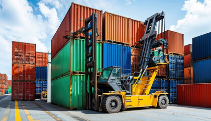 Industrial Forklift Managing Stacked Colorful Shipping Containers