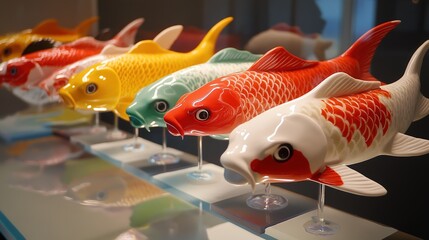 A vibrant cartoon-style sculpture of a koi fish, showcasing playful and whimsical design elements. The stylized fish features bright, bold colors and exaggerated details, 