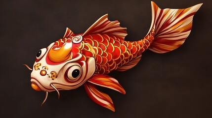 A vibrant cartoon-style sculpture of a koi fish, showcasing playful and whimsical design elements. The stylized fish features bright, bold colors and exaggerated details, 