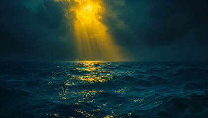Dramatic sunset over a stormy ocean with sunlight breaking through the clouds, creating a golden reflection on the waves.