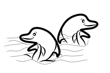 Minimalist line drawing of two happy dolphins leaping from the sea. Black and white art, great for coloring pages, children's books, and educational materials