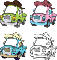 Cute Vintage Cartoon Pickup Trucks with Cowboy Hats in Various Colors and Outline bundle